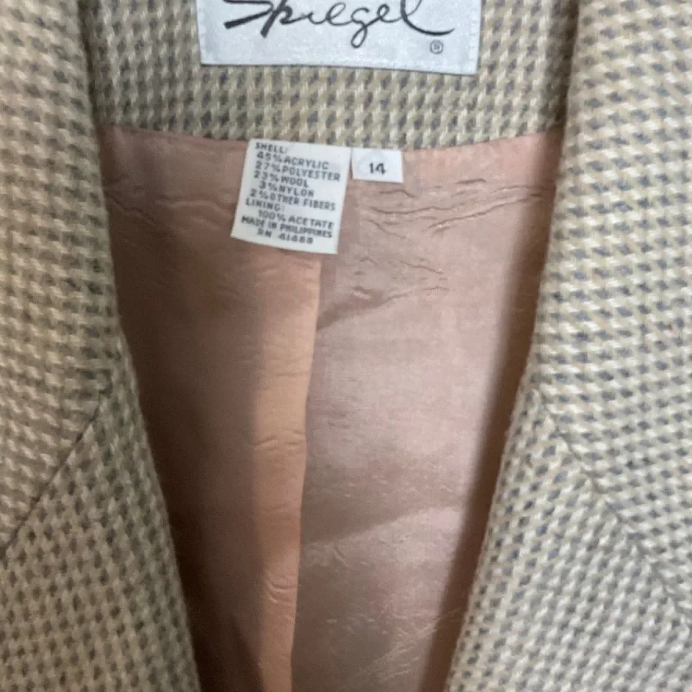 Spiegel Single Breasted Wool Houndstooth Blazer Beige Women's Jacket 14 Lined